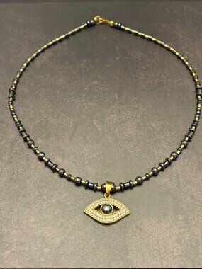 Evil Eye Beaded Necklace – Gold & Black ( Hematite)